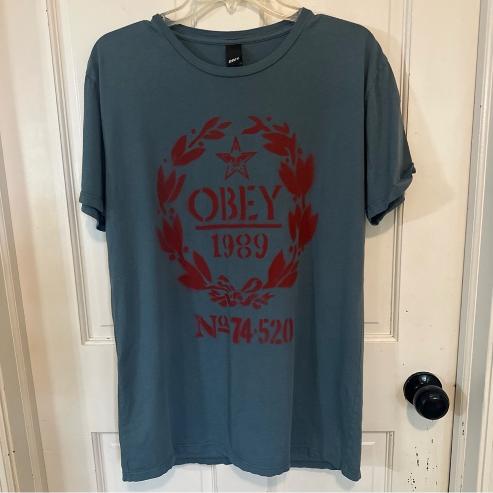 Obey Men's Crew Neck Graphic Short Sleeve Cotton T-Shirt - Blue & Red Size Large